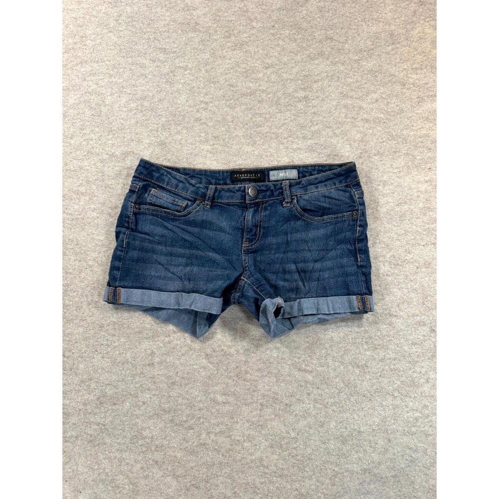 Aeropostale Midi Shorts Womens 4 Blue Denim Stretch Cuffed Hem Whiskers Low Rise